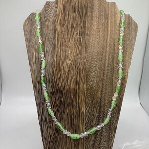 Vintage Art Glass Beaded Necklace 27” Lime Green Swirls Unique